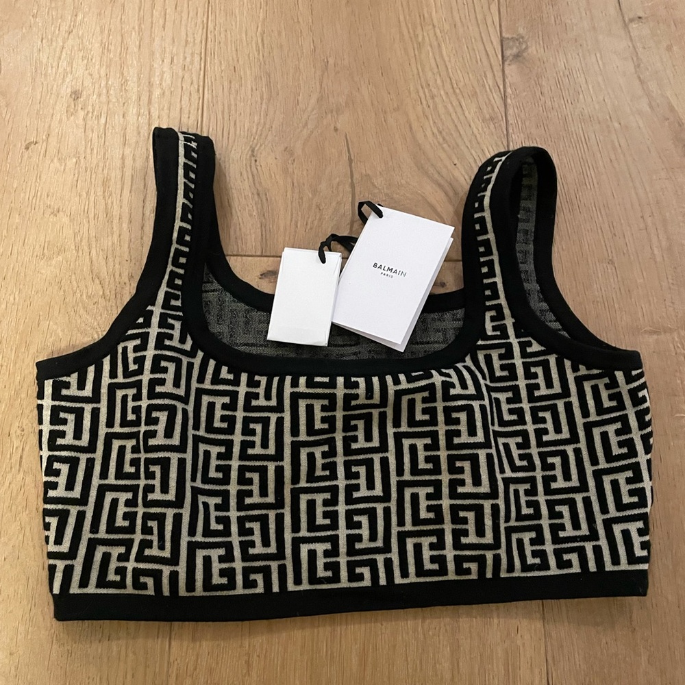 BALMAIN logo Cropped jacquard-knit wool-blend top